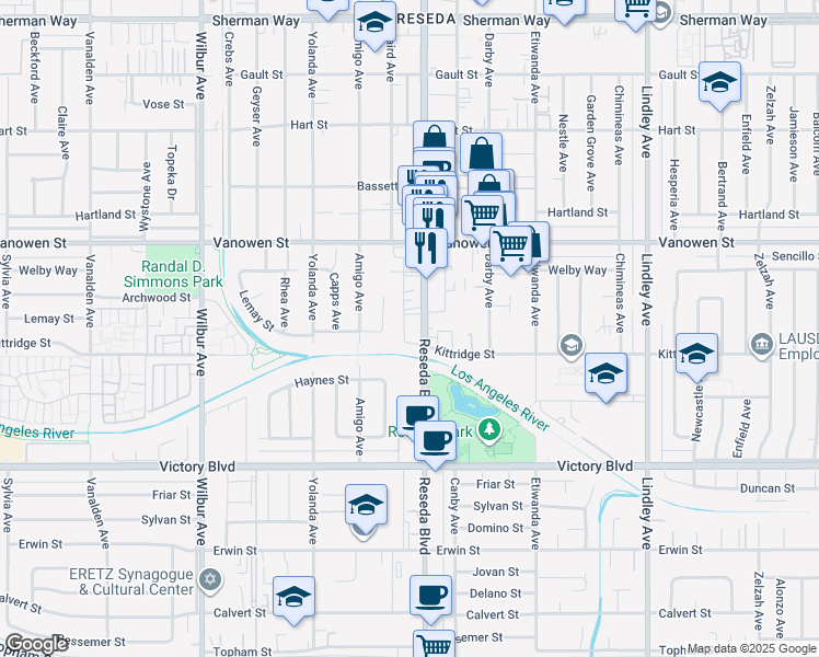 map of restaurants, bars, coffee shops, grocery stores, and more near 6630 Reseda Boulevard in Los Angeles