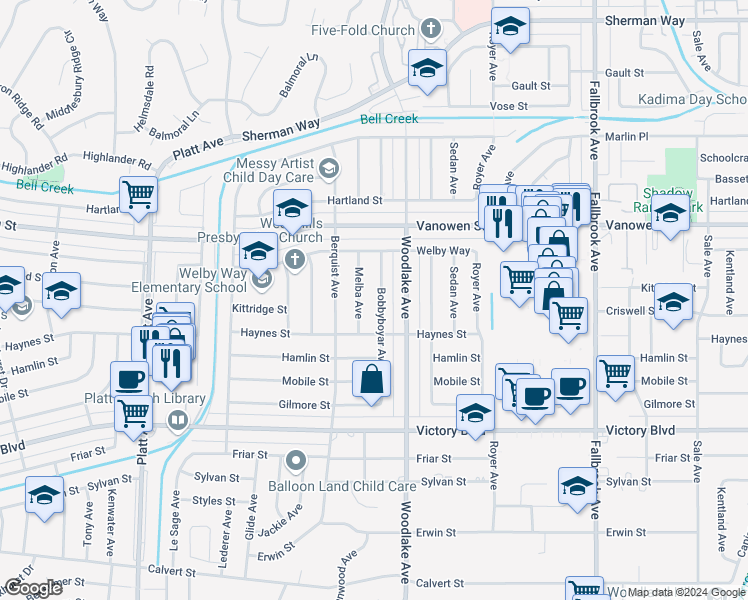 map of restaurants, bars, coffee shops, grocery stores, and more near 6643 Bobbyboyar Avenue in Los Angeles