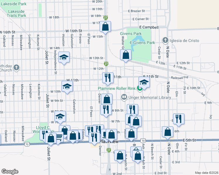 map of restaurants, bars, coffee shops, grocery stores, and more near 312 West 10th in Plainview