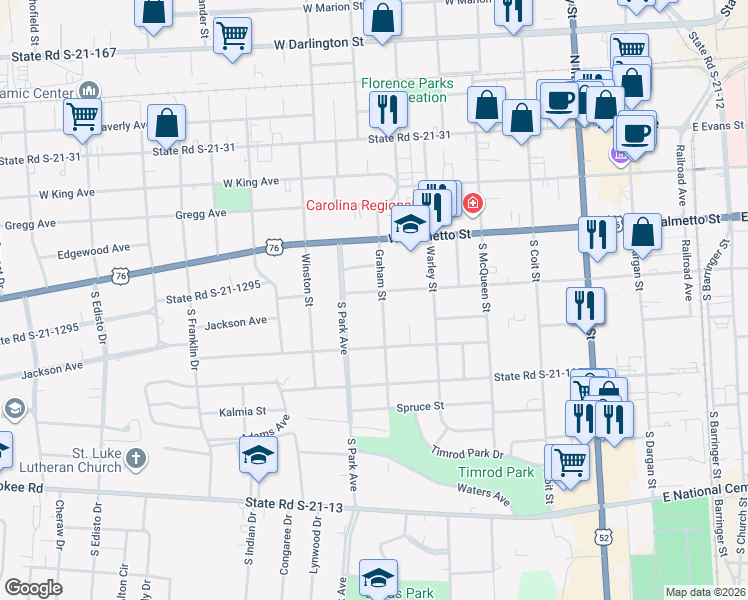map of restaurants, bars, coffee shops, grocery stores, and more near 608 West Pine Street in Florence