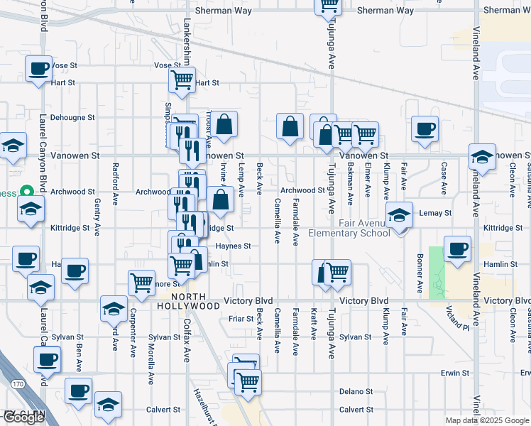 map of restaurants, bars, coffee shops, grocery stores, and more near 6624 Beck Avenue in Los Angeles