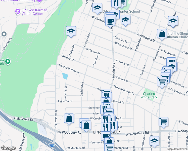 map of restaurants, bars, coffee shops, grocery stores, and more near 585 Mountain View Street in Altadena