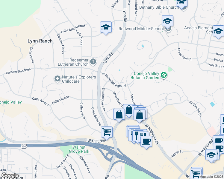 map of restaurants, bars, coffee shops, grocery stores, and more near 942 Woodlawn Drive in Thousand Oaks