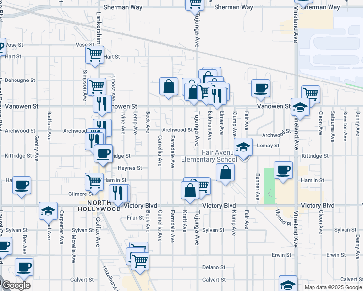 map of restaurants, bars, coffee shops, grocery stores, and more near 6627 Kraft Avenue in Los Angeles