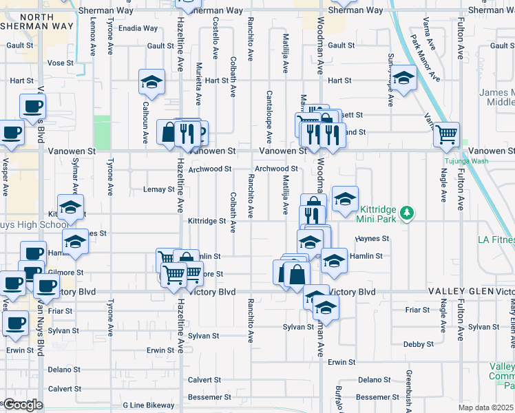 map of restaurants, bars, coffee shops, grocery stores, and more near 6624 Ranchito Avenue in Los Angeles
