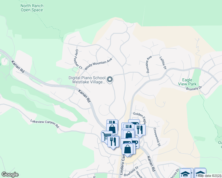 map of restaurants, bars, coffee shops, grocery stores, and more near 1511 Pathfinder Avenue in Westlake Village