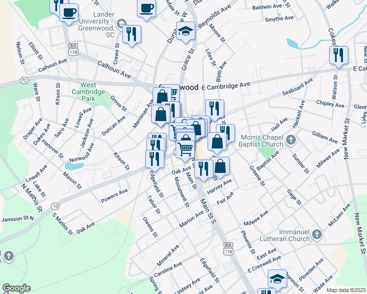 map of restaurants, bars, coffee shops, grocery stores, and more near 302 Main Street in Greenwood