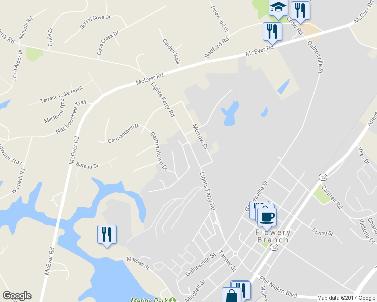 map of restaurants, bars, coffee shops, grocery stores, and more near 7015 Valley Forge Drive in Flowery Branch
