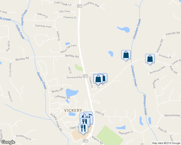 map of restaurants, bars, coffee shops, grocery stores, and more near 5575 Vickery Circle in Cumming