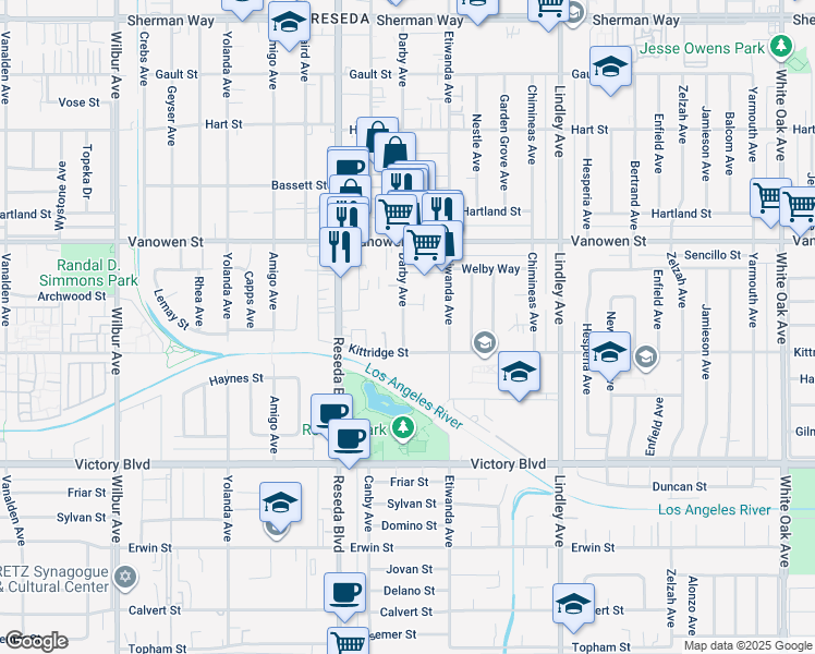 map of restaurants, bars, coffee shops, grocery stores, and more near 6626 Darby Avenue in Los Angeles