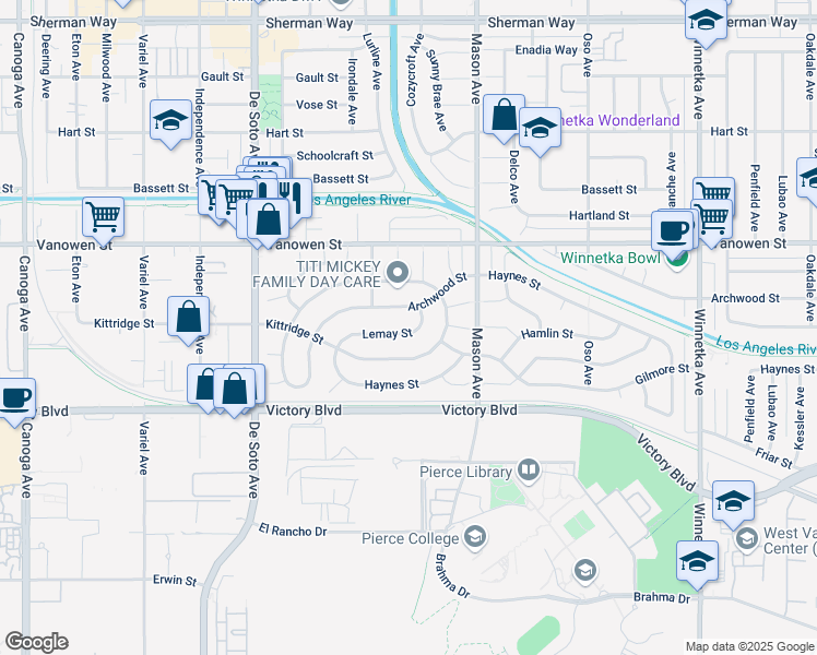map of restaurants, bars, coffee shops, grocery stores, and more near 20641 Lemay Street in Los Angeles