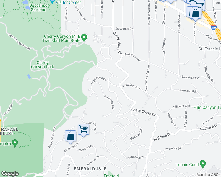 map of restaurants, bars, coffee shops, grocery stores, and more near 4080 Hampstead Road in La Cañada Flintridge