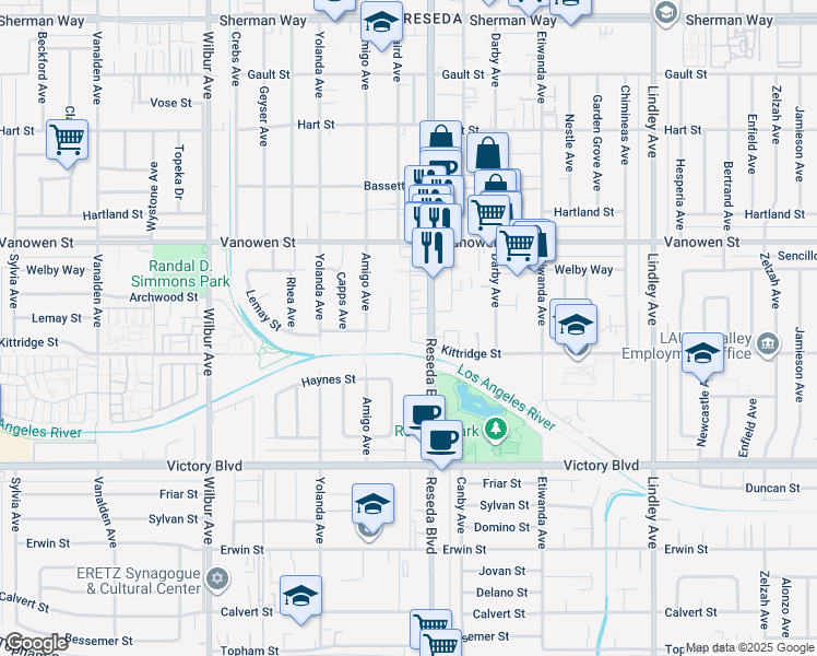 map of restaurants, bars, coffee shops, grocery stores, and more near 6625 Reseda Boulevard in Los Angeles