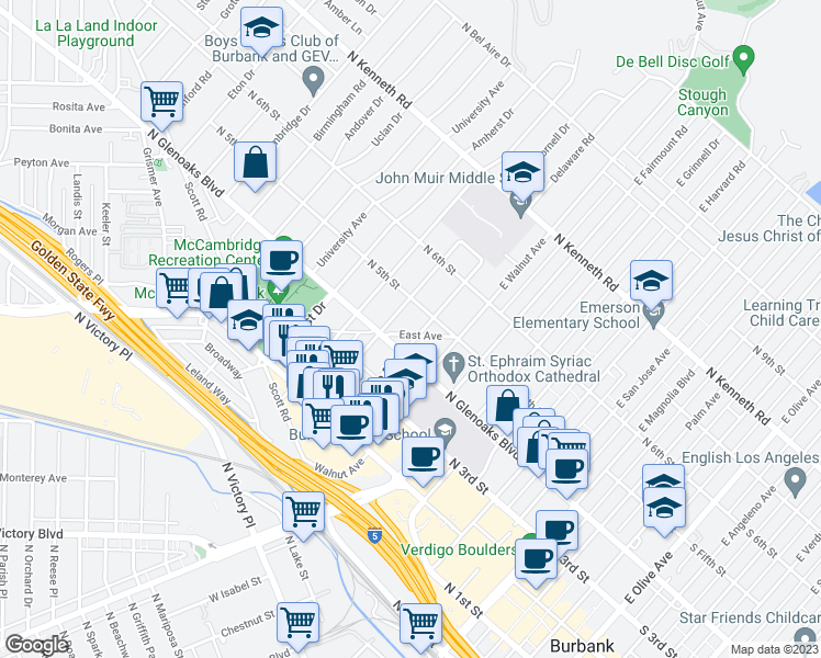 map of restaurants, bars, coffee shops, grocery stores, and more near 1102 East Avenue in Burbank