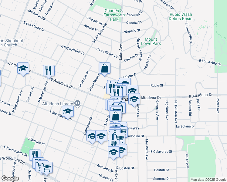 map of restaurants, bars, coffee shops, grocery stores, and more near 751 East Altadena Drive in Altadena
