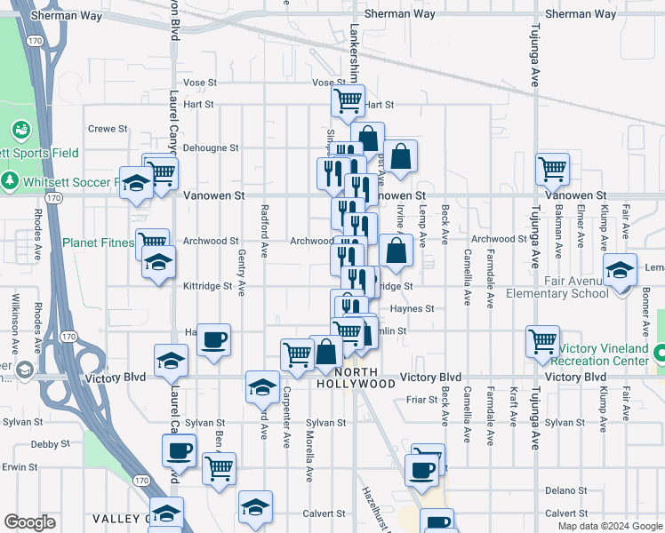 map of restaurants, bars, coffee shops, grocery stores, and more near 11726 Lemay Street in Los Angeles