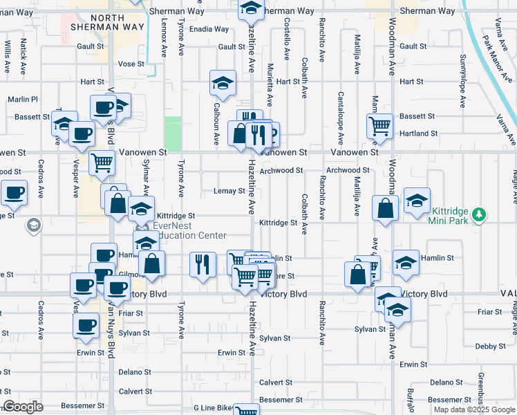 map of restaurants, bars, coffee shops, grocery stores, and more near 6609 Hazeltine Avenue in Los Angeles