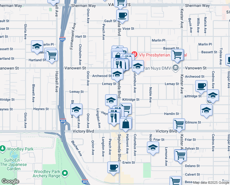 map of restaurants, bars, coffee shops, grocery stores, and more near 6625 North Sepulveda Boulevard in Los Angeles