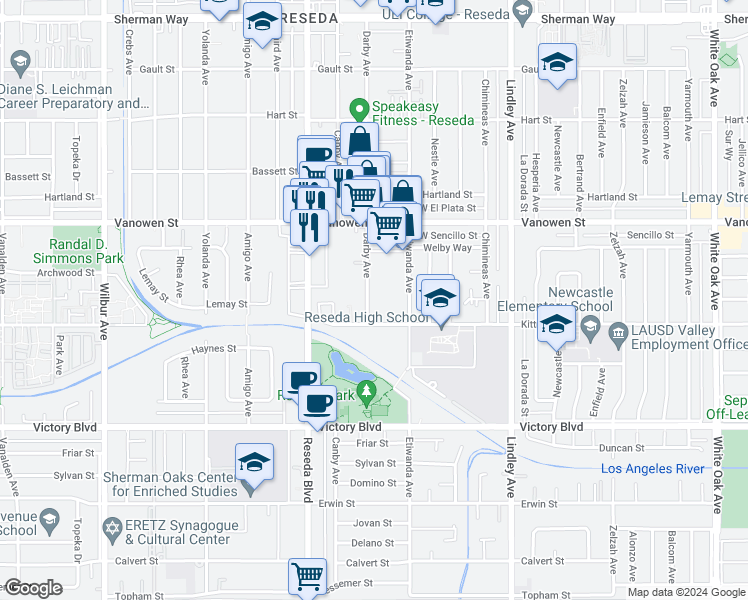 map of restaurants, bars, coffee shops, grocery stores, and more near 6620 Darby Avenue in Los Angeles