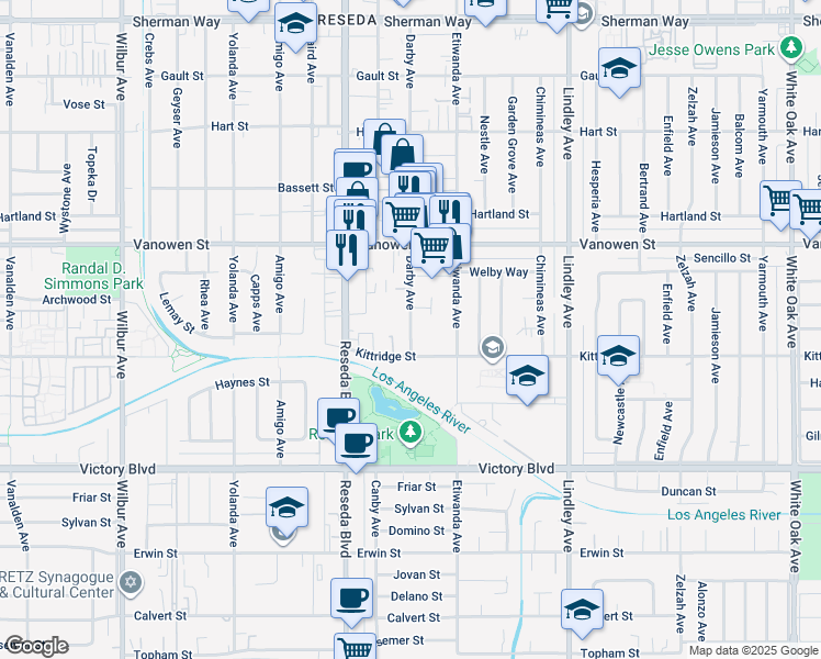 map of restaurants, bars, coffee shops, grocery stores, and more near 6620 Darby Avenue in Los Angeles
