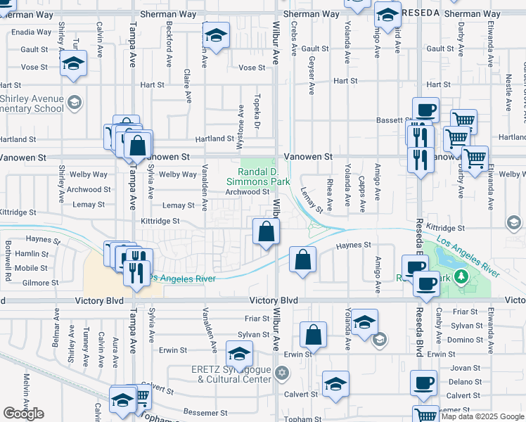 map of restaurants, bars, coffee shops, grocery stores, and more near 6634 Wilbur Avenue in Los Angeles