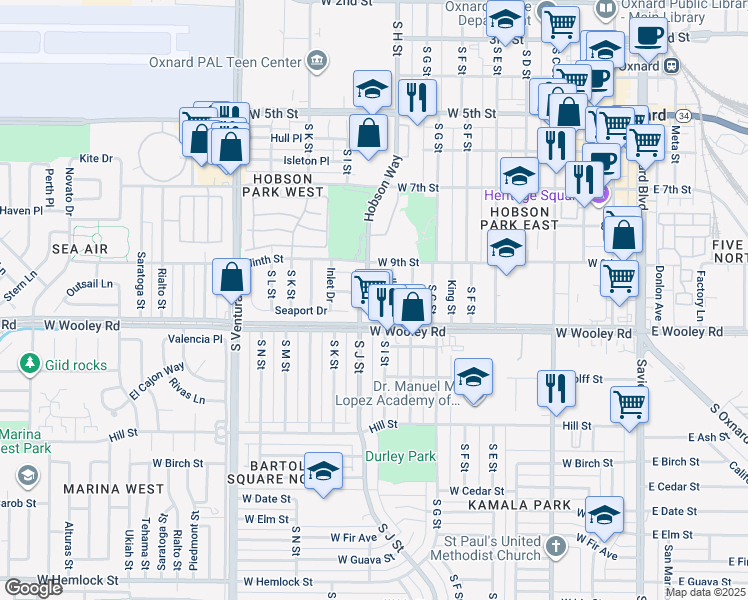 map of restaurants, bars, coffee shops, grocery stores, and more near 1021 Ilena Street in Oxnard