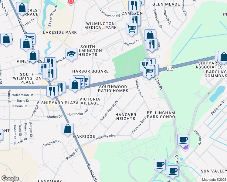map of restaurants, bars, coffee shops, grocery stores, and more near 1252 Shipyard Boulevard in Wilmington