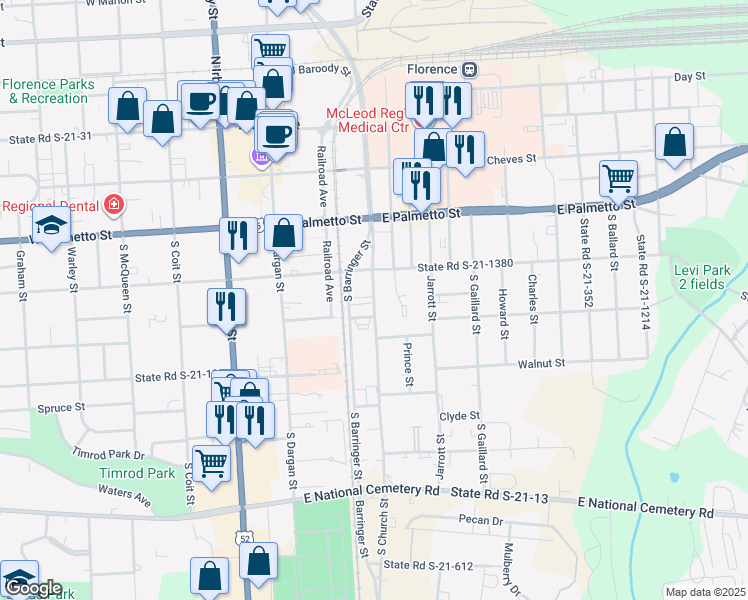 map of restaurants, bars, coffee shops, grocery stores, and more near 416 South Church Street in Florence