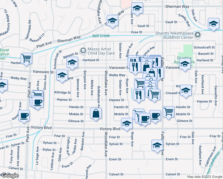 map of restaurants, bars, coffee shops, grocery stores, and more near 6643 Dannyboyar Avenue in Los Angeles