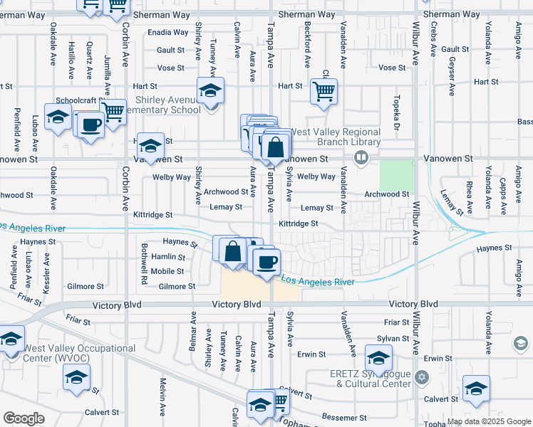 map of restaurants, bars, coffee shops, grocery stores, and more near 6629 Tampa Avenue in Los Angeles