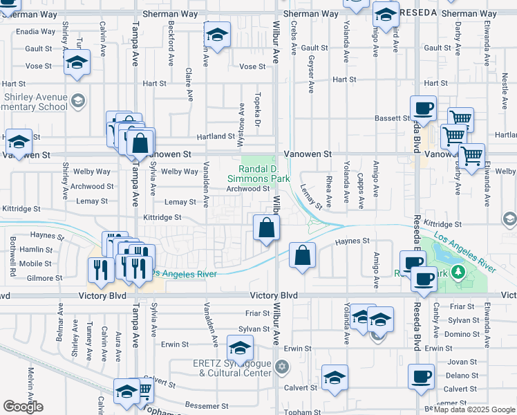 map of restaurants, bars, coffee shops, grocery stores, and more near 6621 Wilbur Avenue in Los Angeles
