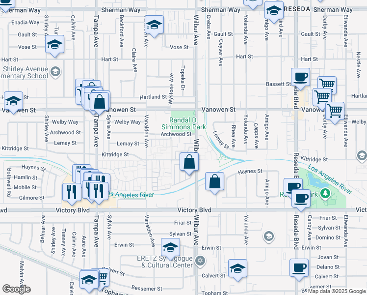 map of restaurants, bars, coffee shops, grocery stores, and more near 6633 Wilbur Avenue in Los Angeles