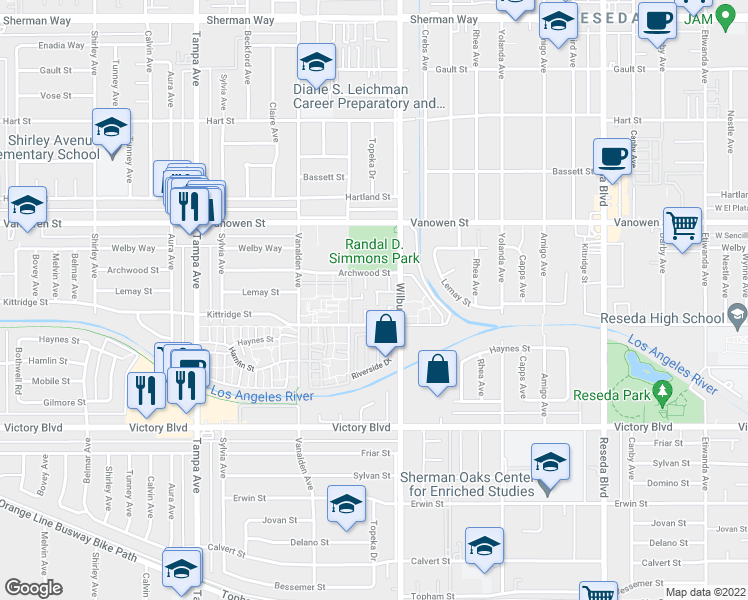 map of restaurants, bars, coffee shops, grocery stores, and more near 6629 Wilbur Avenue in Los Angeles