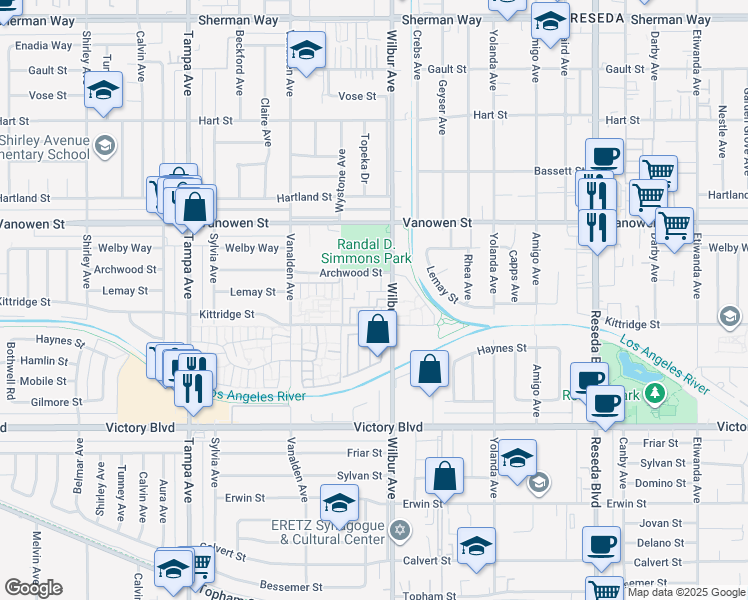 map of restaurants, bars, coffee shops, grocery stores, and more near 6634 Wilbur Avenue in Los Angeles