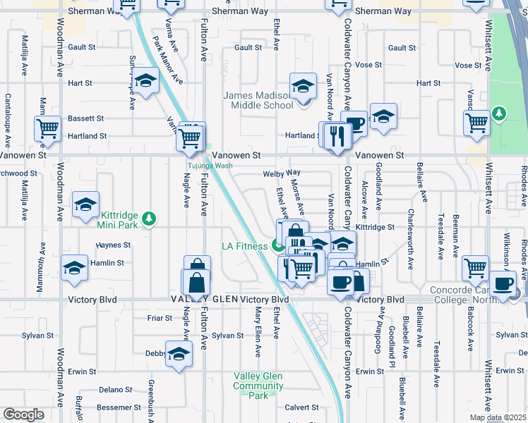 map of restaurants, bars, coffee shops, grocery stores, and more near 6649 Ampere Ave in Los Angeles