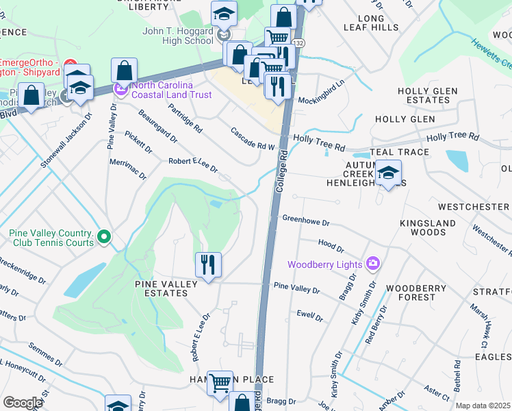 map of restaurants, bars, coffee shops, grocery stores, and more near 418 Robert E Lee Drive in Wilmington