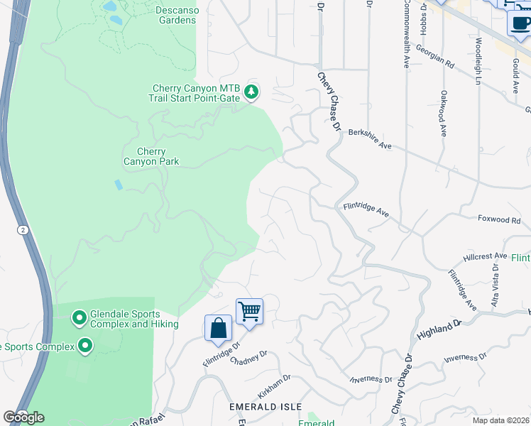 map of restaurants, bars, coffee shops, grocery stores, and more near 1223 Flintridge Circle in La Cañada Flintridge