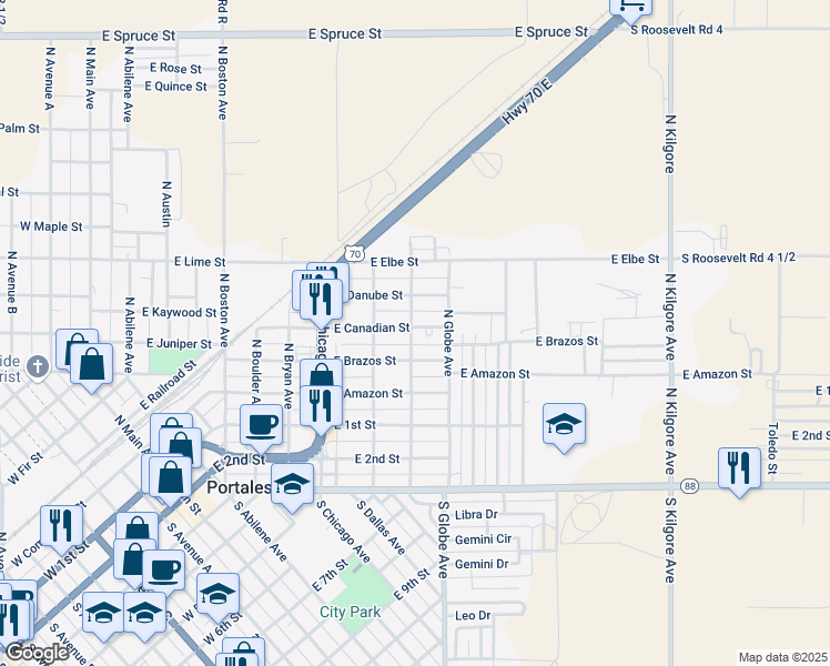 map of restaurants, bars, coffee shops, grocery stores, and more near 1028 East Canadian Street in Portales