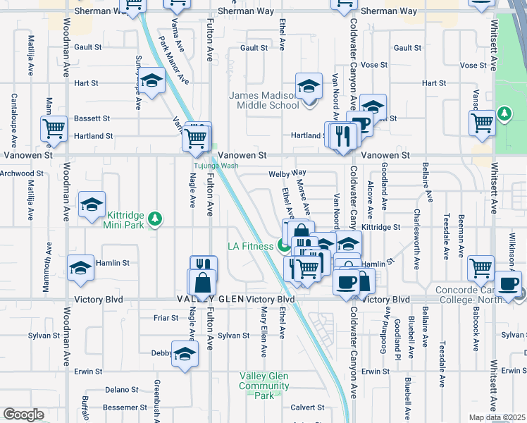 map of restaurants, bars, coffee shops, grocery stores, and more near 6644 Atoll Avenue in Los Angeles