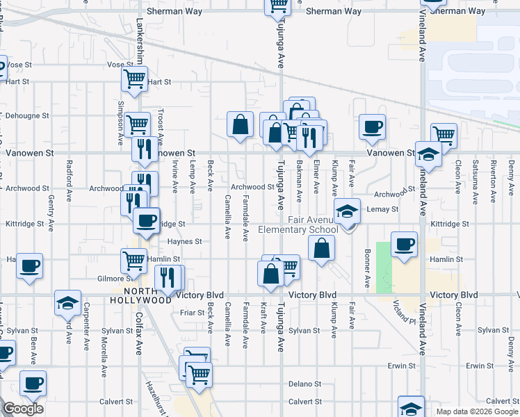 map of restaurants, bars, coffee shops, grocery stores, and more near 6627 Kraft Avenue in Los Angeles