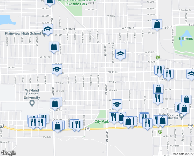 map of restaurants, bars, coffee shops, grocery stores, and more near 1007 Kokomo Street in Plainview