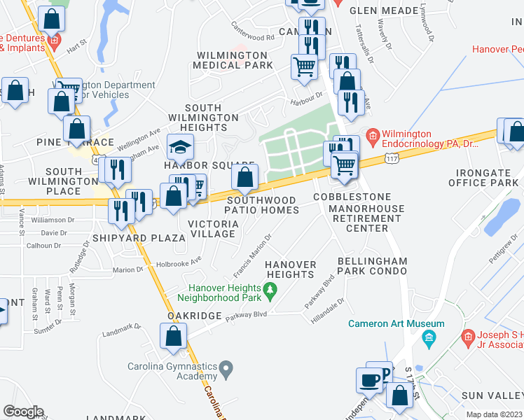 map of restaurants, bars, coffee shops, grocery stores, and more near 1252 Shipyard Boulevard in Wilmington