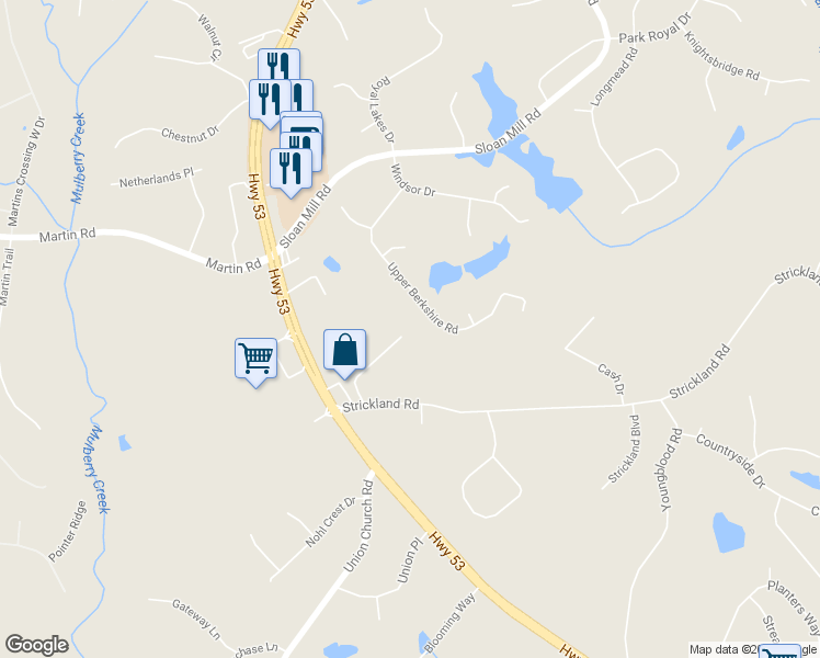 map of restaurants, bars, coffee shops, grocery stores, and more near 4339 Windfield Drive in Flowery Branch