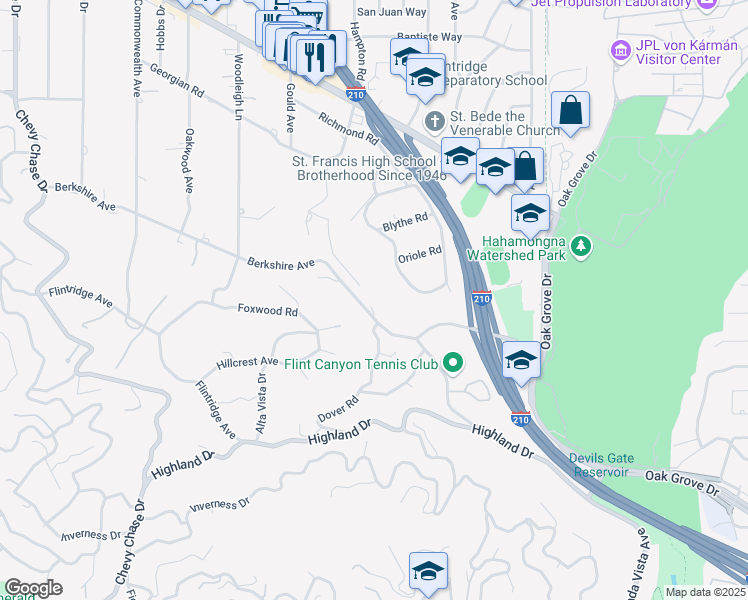 map of restaurants, bars, coffee shops, grocery stores, and more near 375 Berkshire Avenue in La Cañada Flintridge