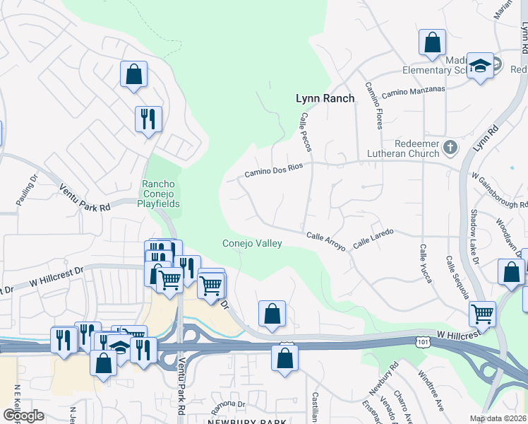 map of restaurants, bars, coffee shops, grocery stores, and more near Calle Arroyo in Thousand Oaks