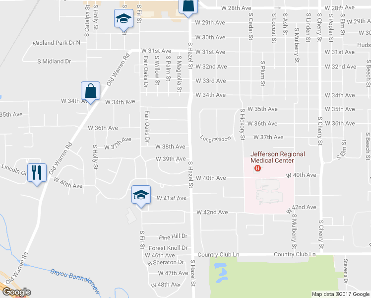 map of restaurants, bars, coffee shops, grocery stores, and more near 2202 West 38th Avenue in Pine Bluff