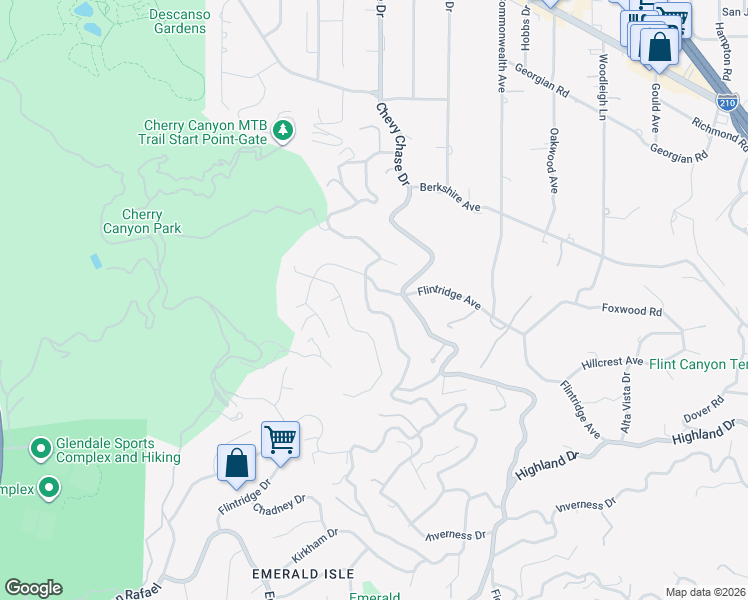 map of restaurants, bars, coffee shops, grocery stores, and more near 4080 Hampstead Road in La Cañada Flintridge