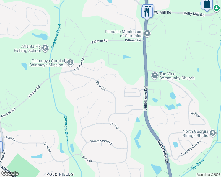 map of restaurants, bars, coffee shops, grocery stores, and more near 7130 Polo Hill in Cumming