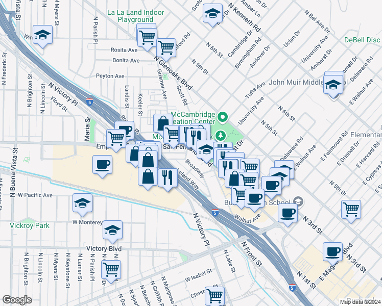 map of restaurants, bars, coffee shops, grocery stores, and more near 1515 North San Fernando Boulevard in Burbank