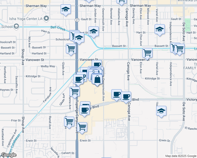 map of restaurants, bars, coffee shops, grocery stores, and more near 6759 Owensmouth Ave in Los Angeles